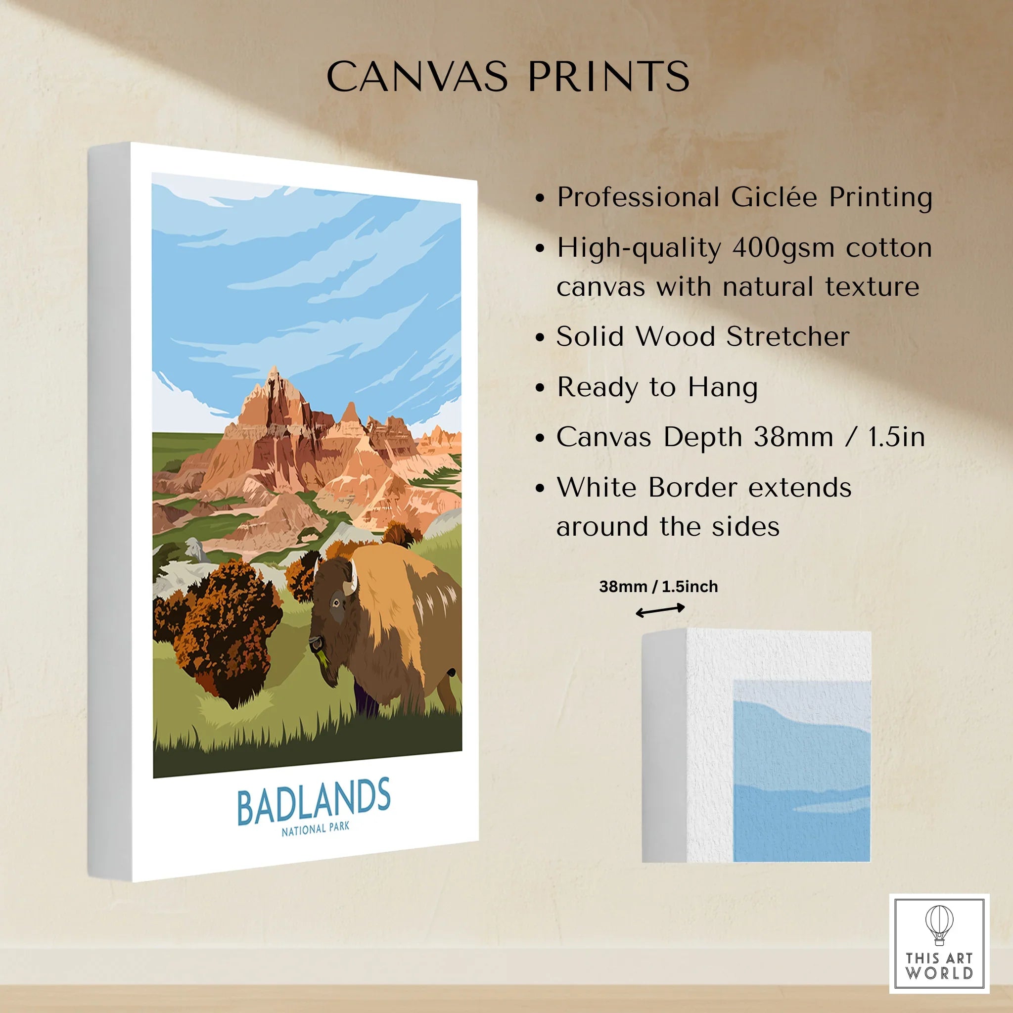 Badlands National Park canvas print with illustrated bison, rock formations, and sky, ready to hang.