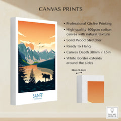Banff National Park canvas wall art print with mountains, lake, and moose silhouette