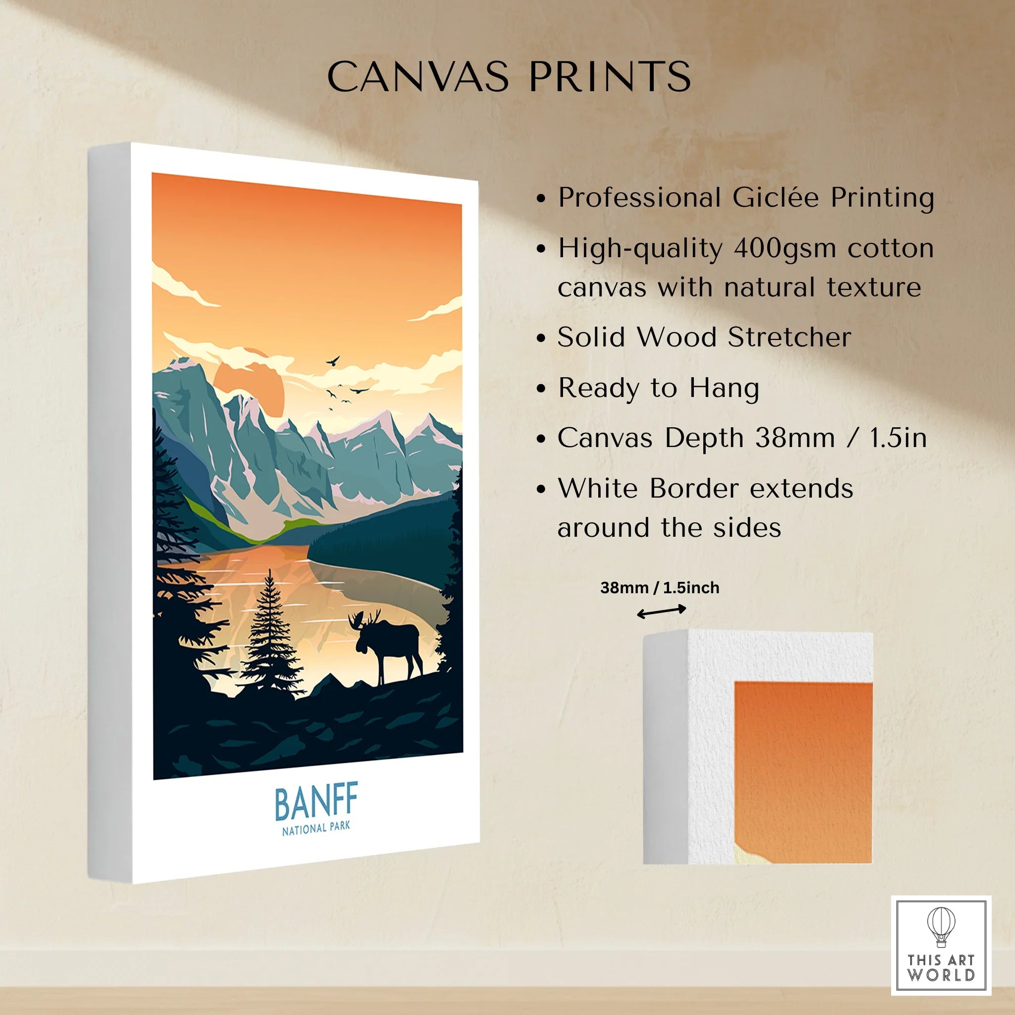Banff National Park canvas wall art print with mountains, lake, and moose silhouette