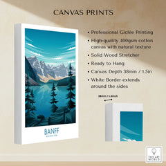 Banff National Park canvas print with mountain landscape, blue lake, pine trees and white border.