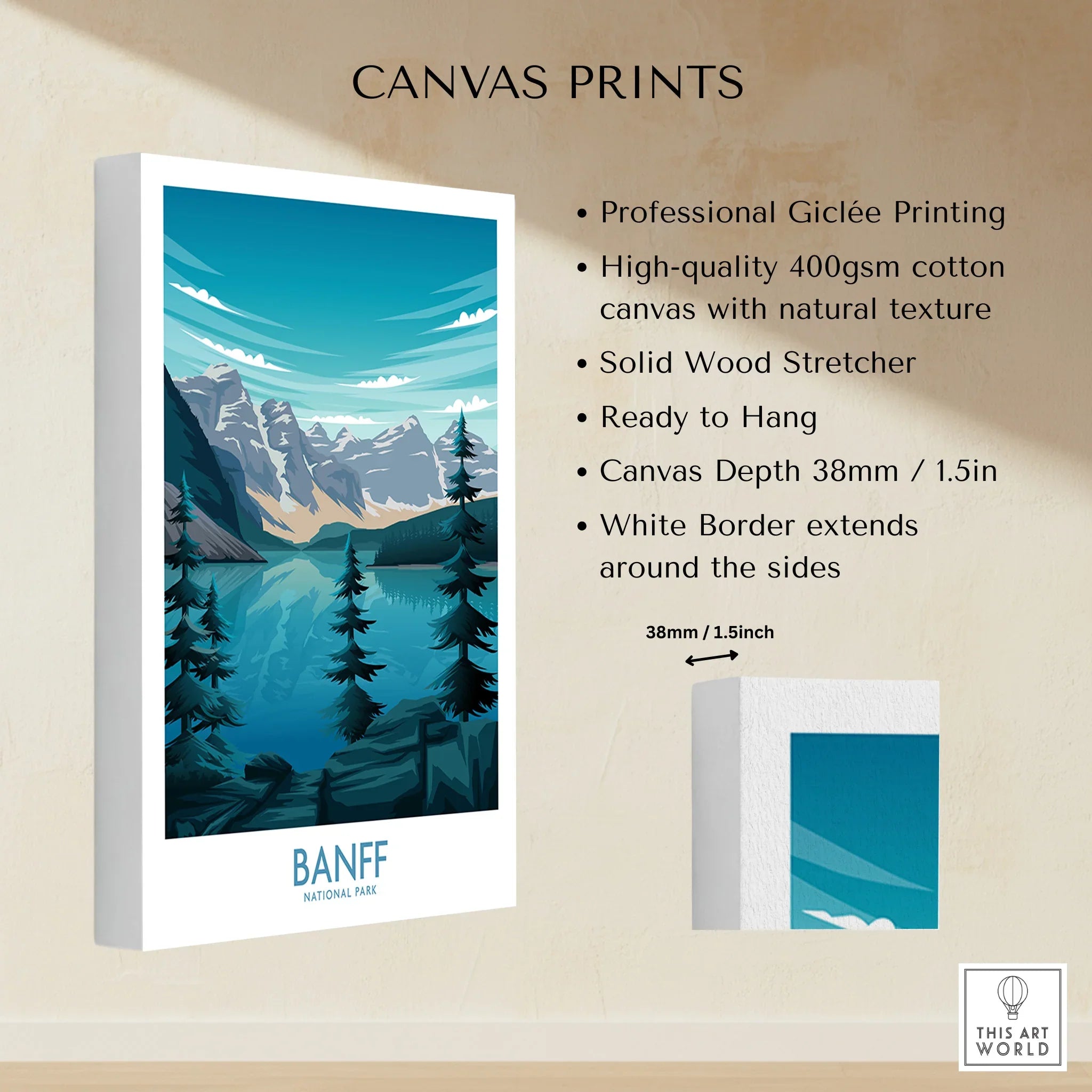 Banff National Park canvas print with mountain landscape, blue lake, pine trees and white border.