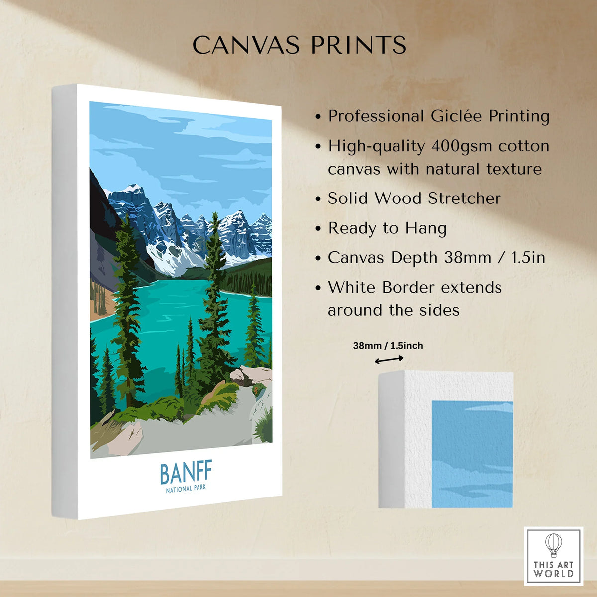 Banff National Park canvas print with turquoise lake, pine trees, and mountain landscape