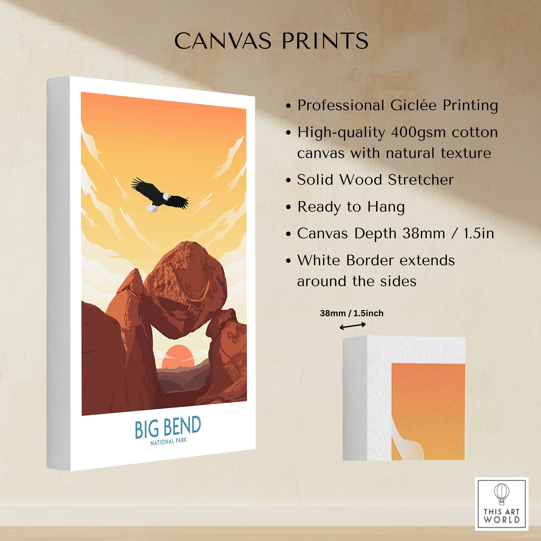Big Bend National Park canvas wall art print with a soaring eagle, orange rock formations, and sunset.