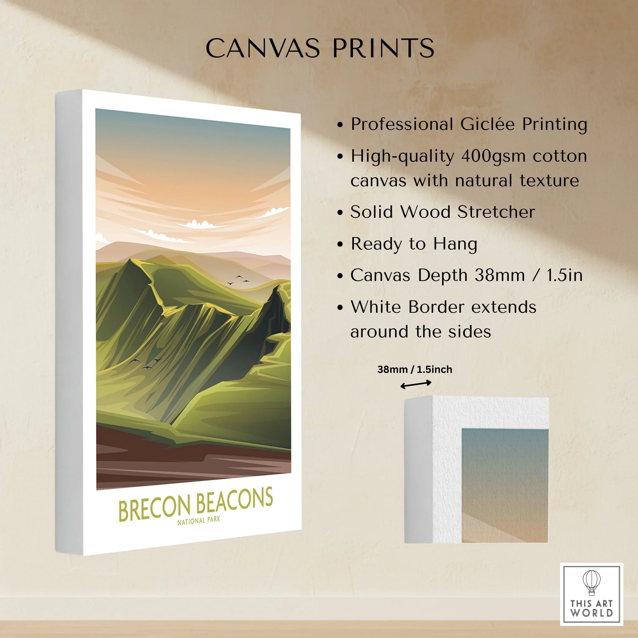 Brecon Beacons National Park canvas print with green mountain landscape and white border details