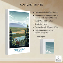 Cairngorms National Park canvas print with stag, pine trees, mountains, and lake art