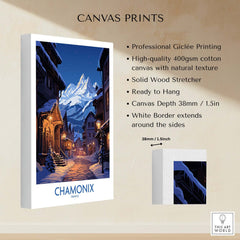 Chamonix Print featuring a picturesque ski landscape, high-quality canvas, and details on professional Giclée printing.