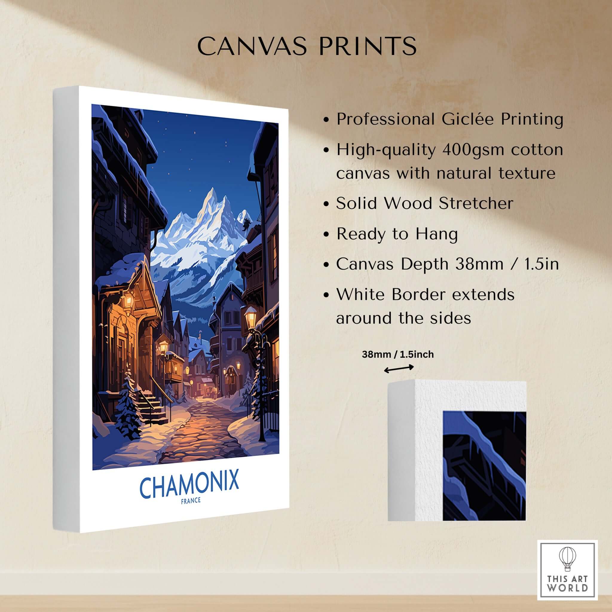 Chamonix Print featuring a picturesque ski landscape, high-quality canvas, and details on professional Giclée printing.