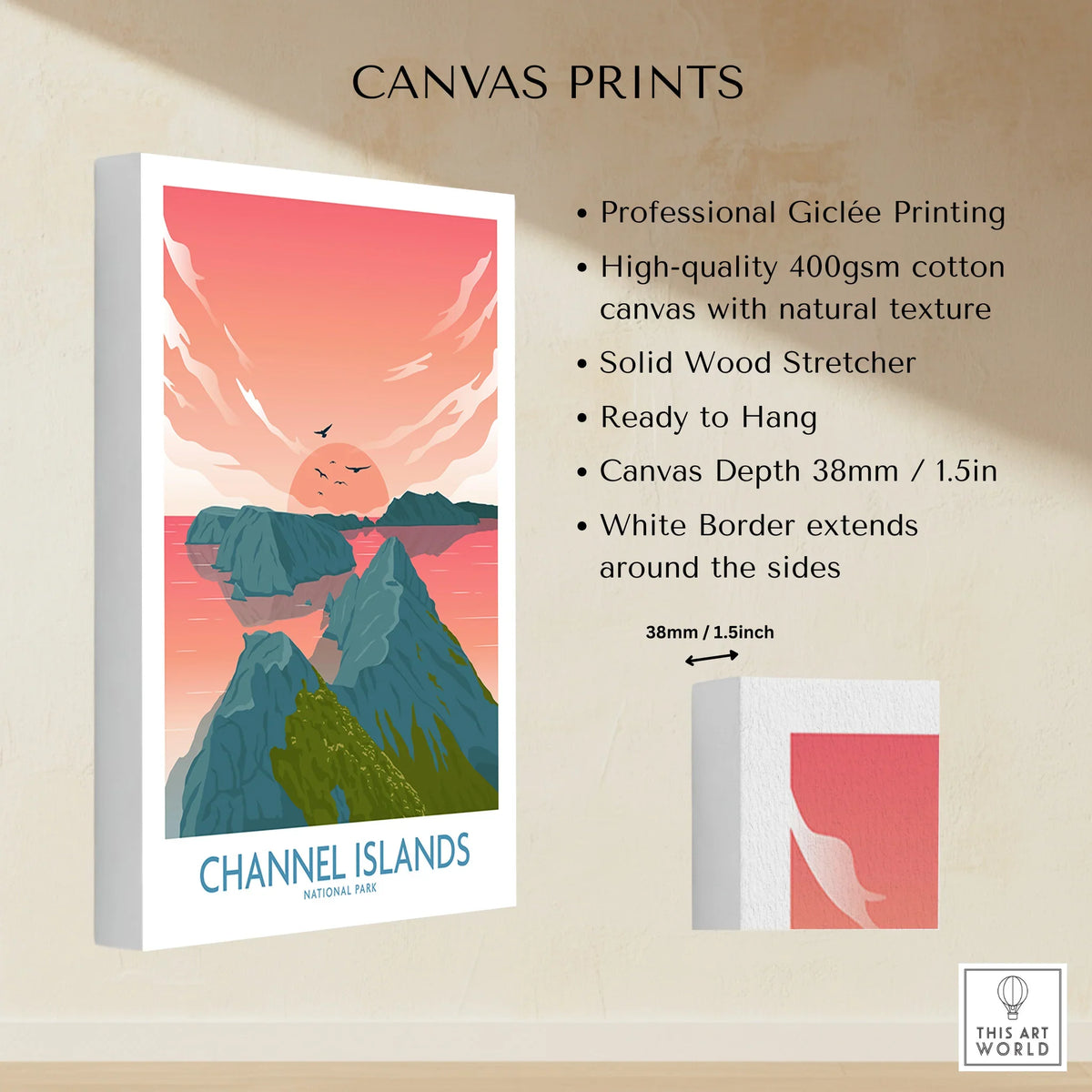 Channel Islands National Park canvas print with sunset illustration and product details.