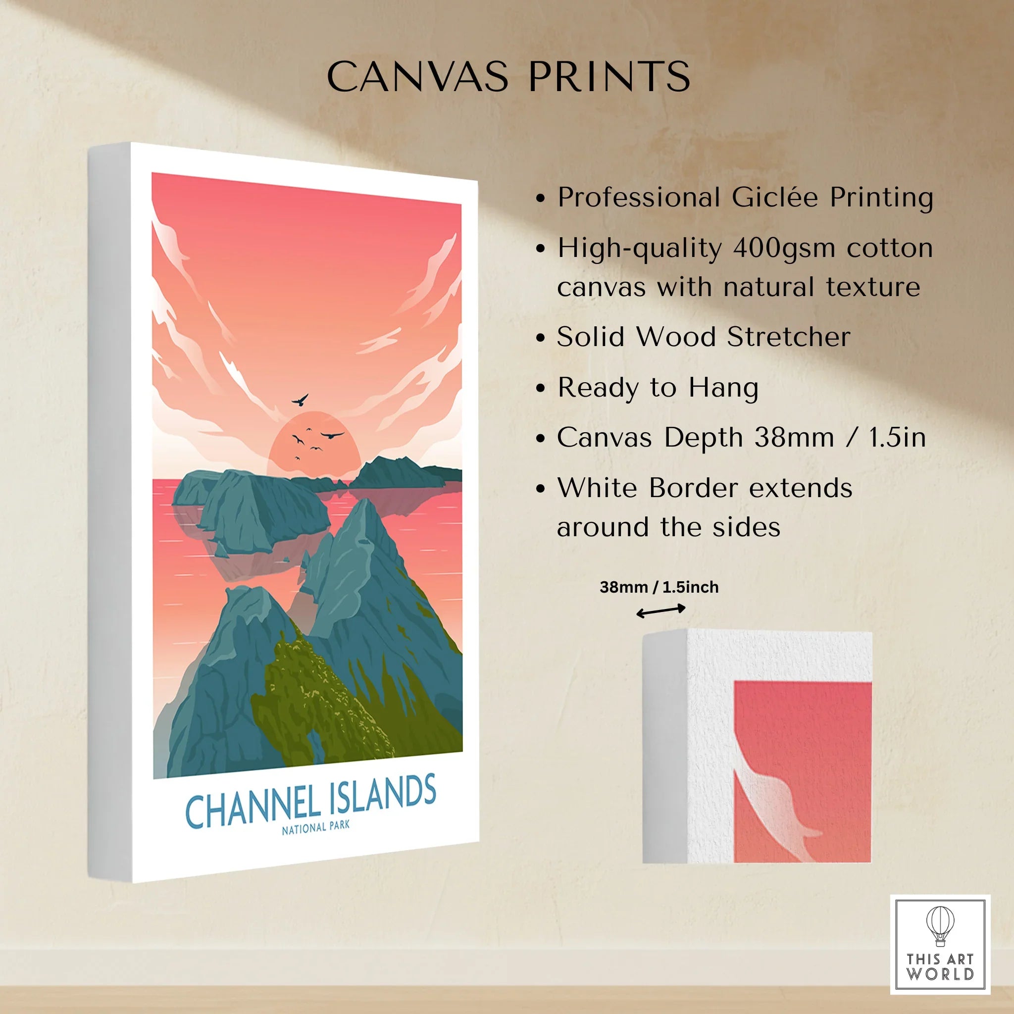 Channel Islands National Park canvas print with sunset illustration and product details.