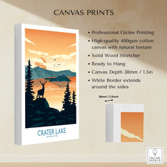 Crater Lake National Park canvas wall art print, sunset landscape with deer and pine trees, ready to hang.