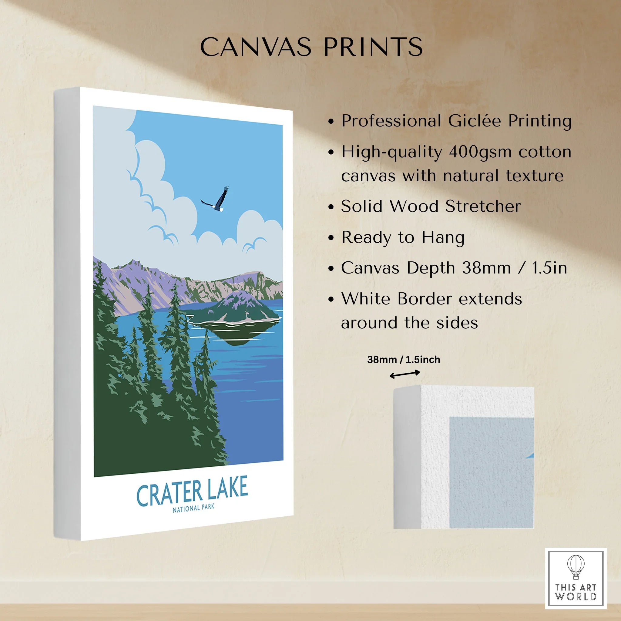 Crater Lake National Park canvas print with pine trees, lake, and blue sky, wall art decor