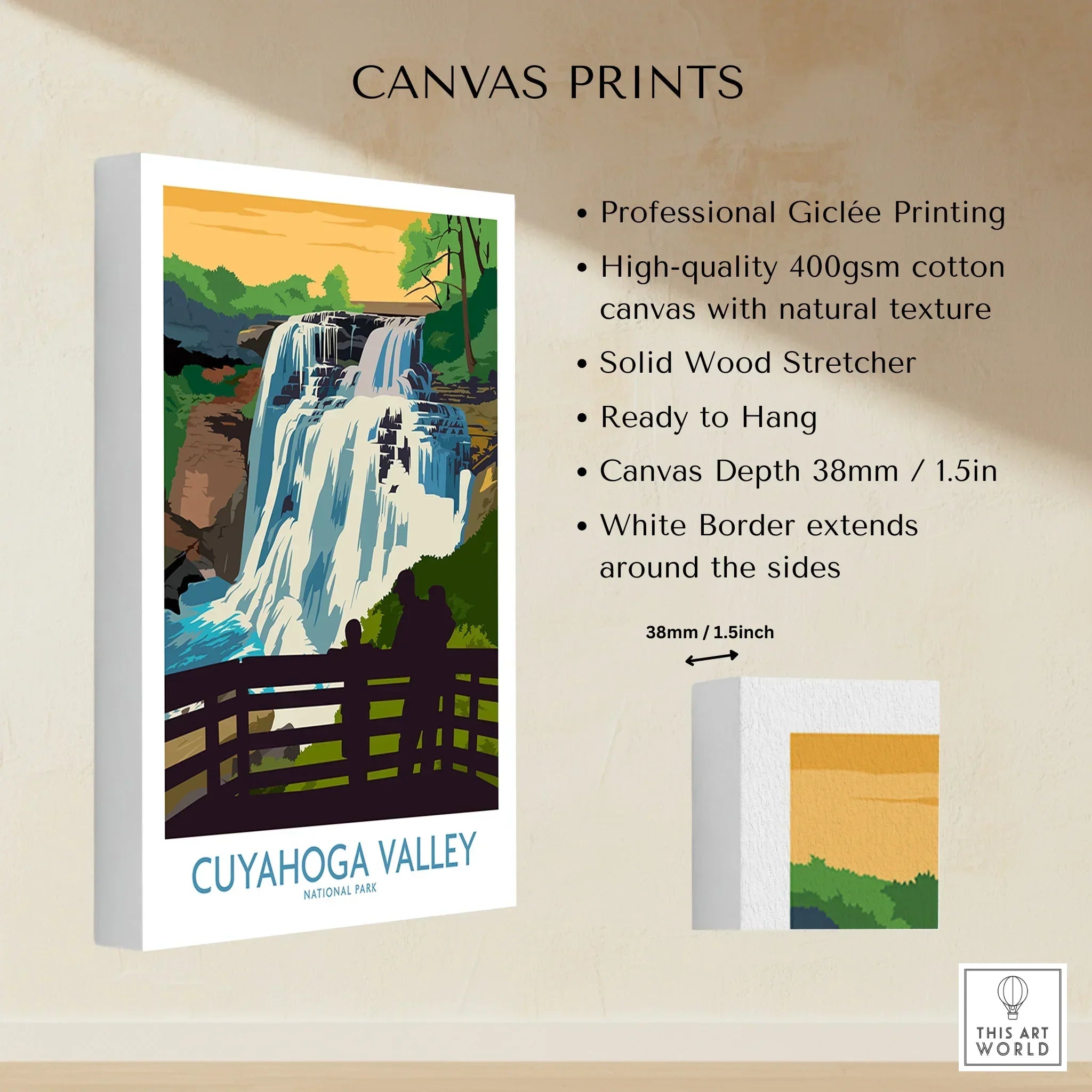 Cuyahoga Valley National Park waterfall canvas print with people on overlook, stretched cotton canvas wall art.