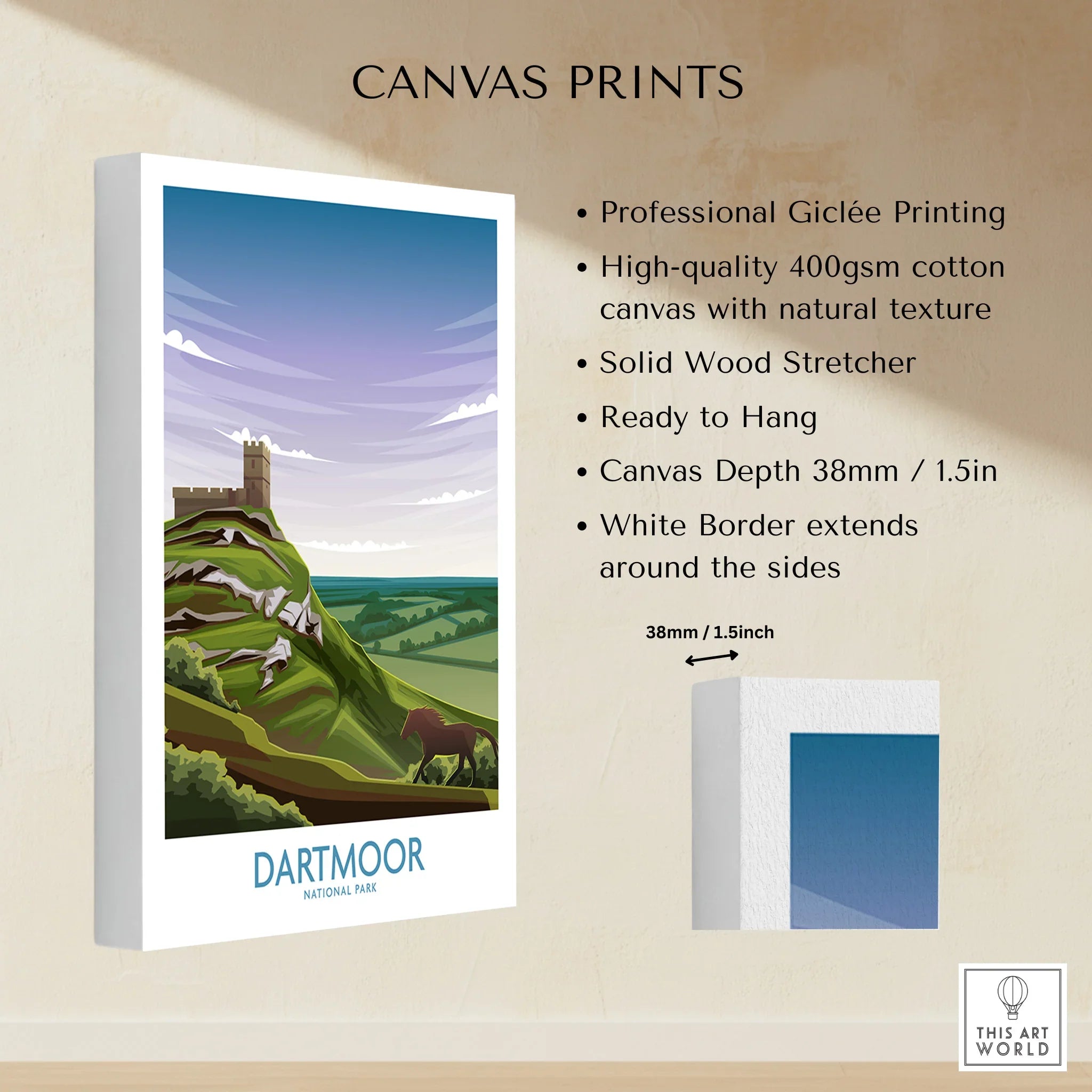 Dartmoor National Park canvas print with castle, hills, horse, and white border details