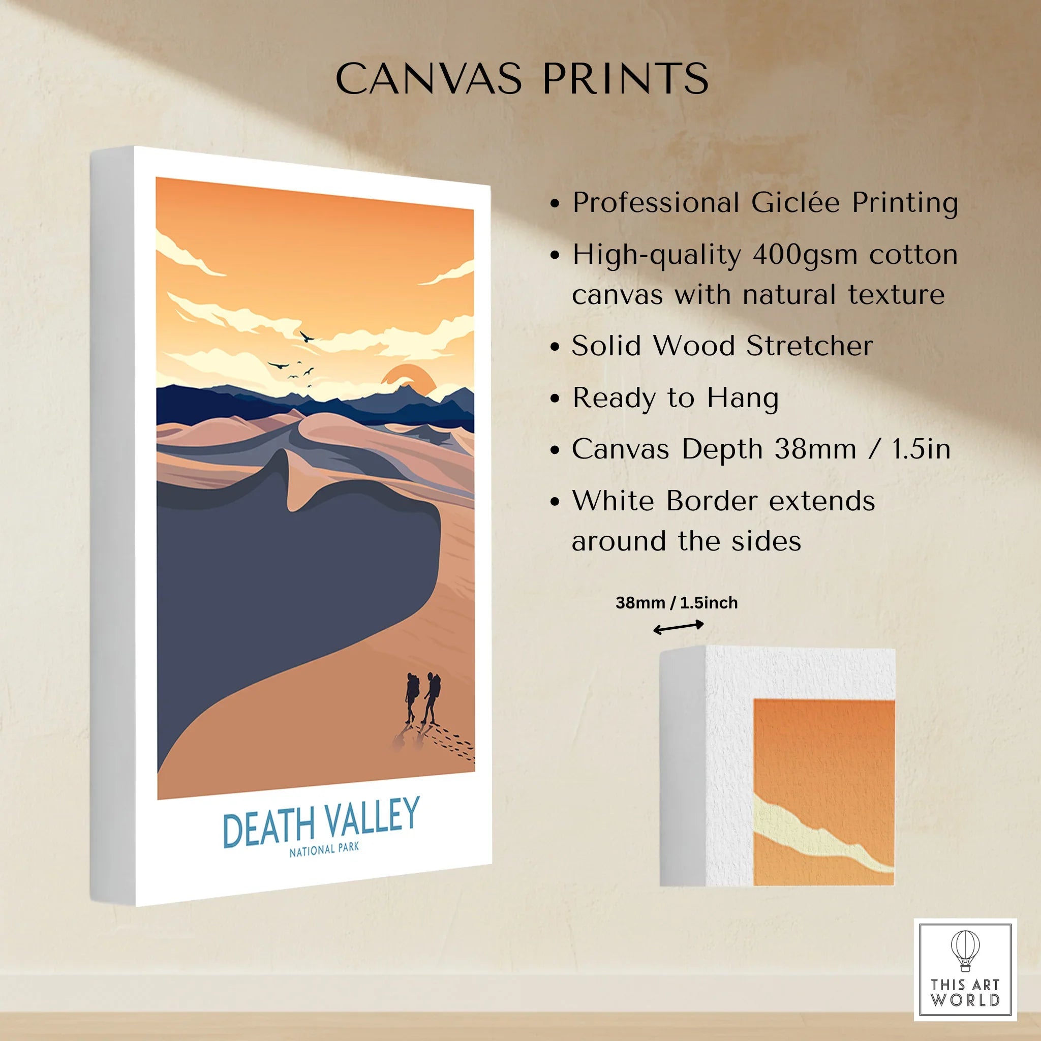 Death Valley National Park canvas print with desert landscape and hikers, wall art details shown