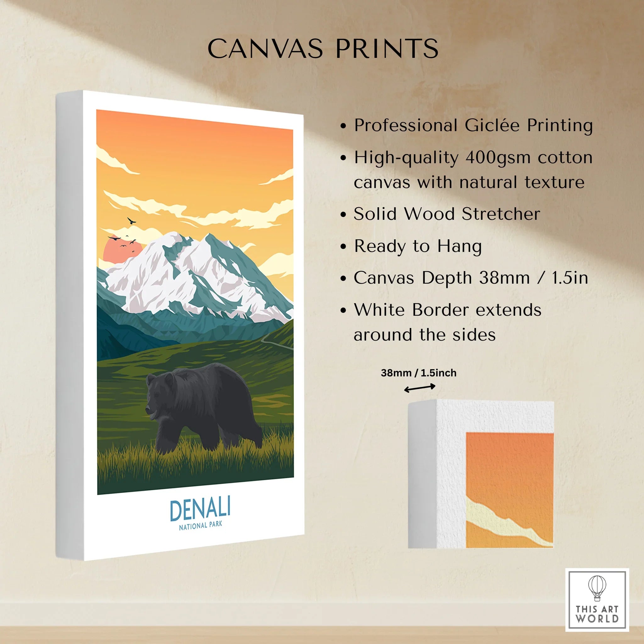 Denali National Park canvas wall art print with bear, sunset, and mountain landscape