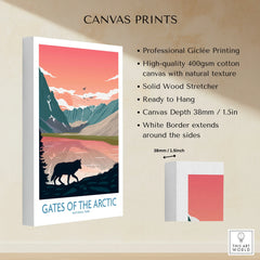 Gates of the Arctic National Park canvas print with wolf silhouette, mountains, and lake at sunset.