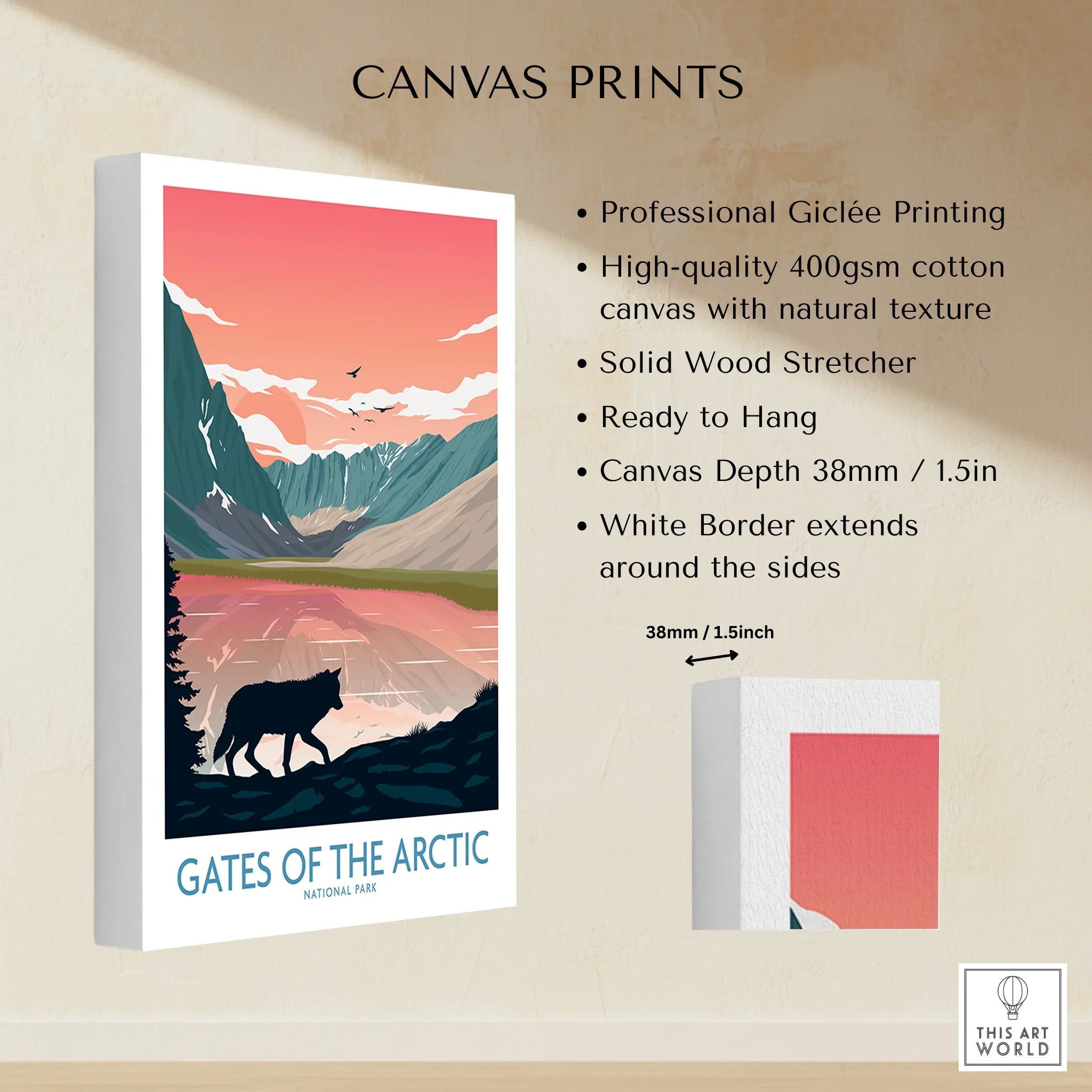 Gates of the Arctic National Park canvas print with wolf silhouette, mountains, and lake at sunset.
