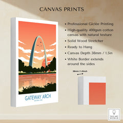 Gateway Arch canvas print with sunset landscape and product details for wall art