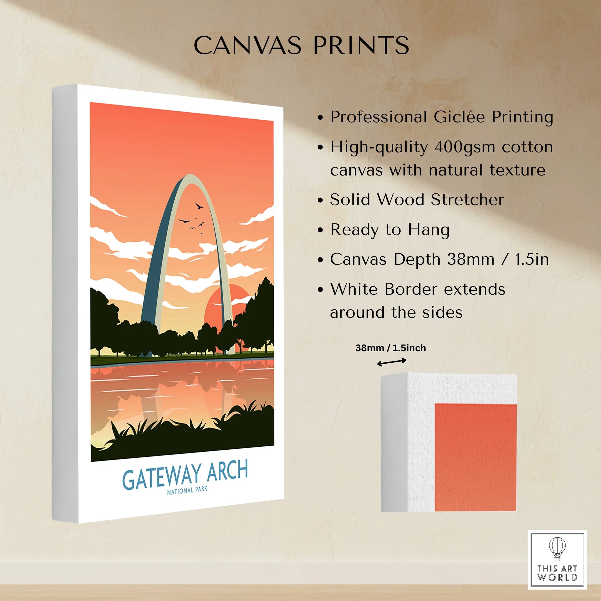Gateway Arch canvas print with sunset landscape and product details for wall art