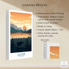 Glacier National Park canvas print with sunset, mountains, lake, and forest silhouette.