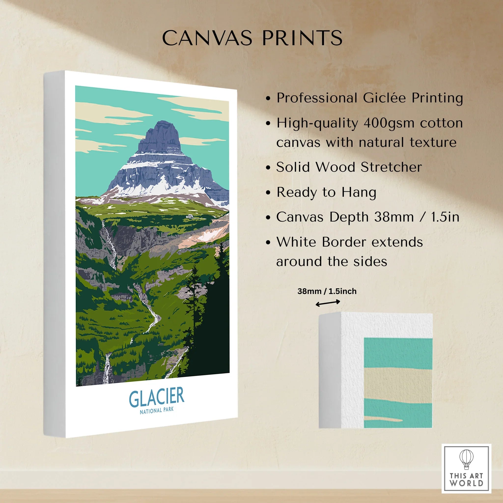Glacier National Park canvas print with mountain landscape, ready to hang, cotton canvas art