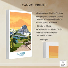 Glacier National Park canvas print featuring mountain landscape, cotton canvas, white border.