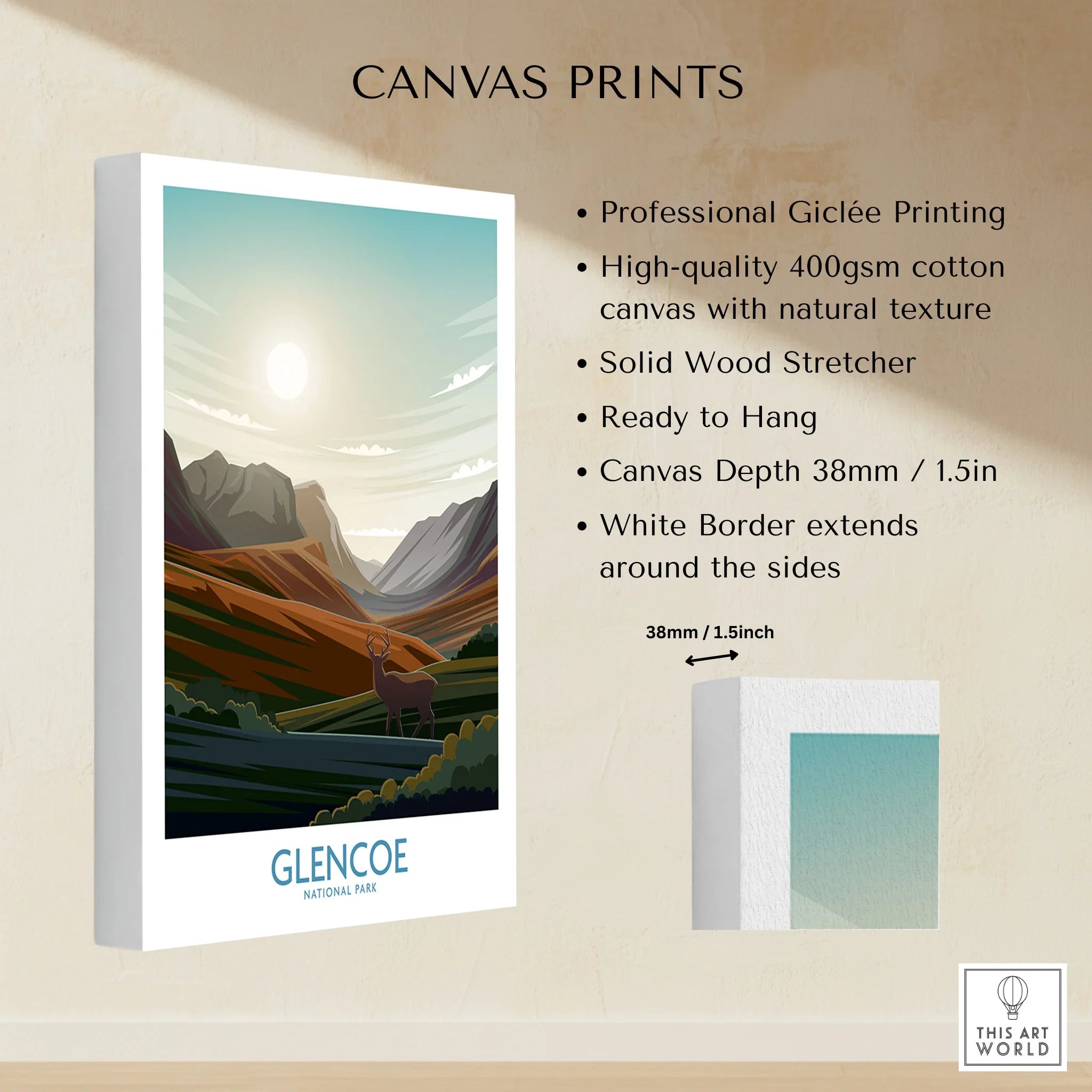 Glencoe National Park canvas print with mountain landscape and stag, stretched cotton canvas, white border