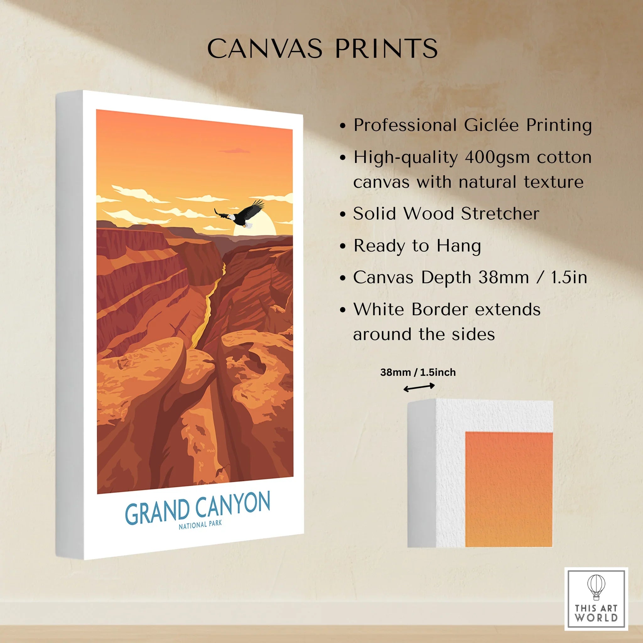 Grand Canyon National Park canvas wall art print with sunset, eagle, and white border details