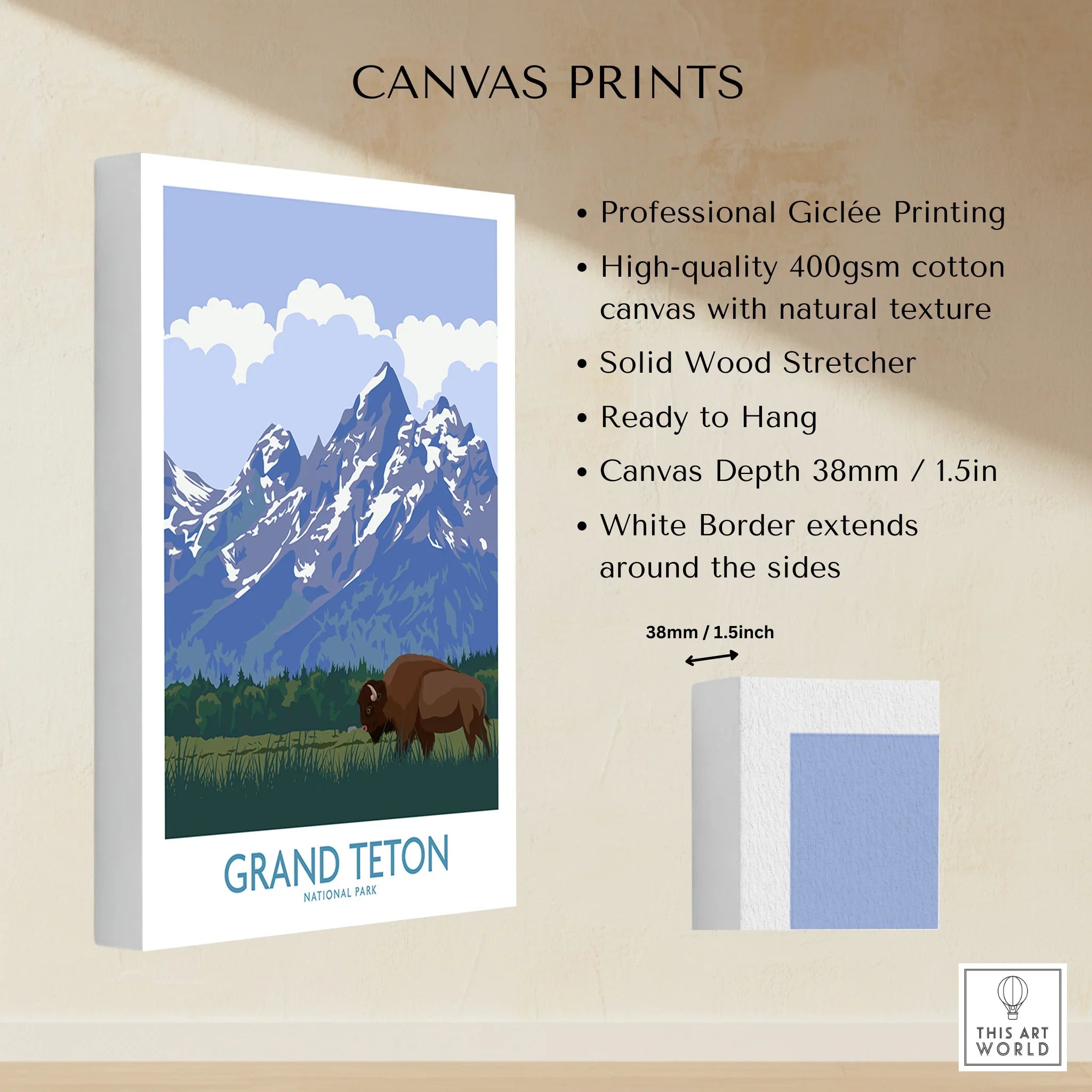 Grand Teton National Park canvas print with bison, mountain landscape, and white border details