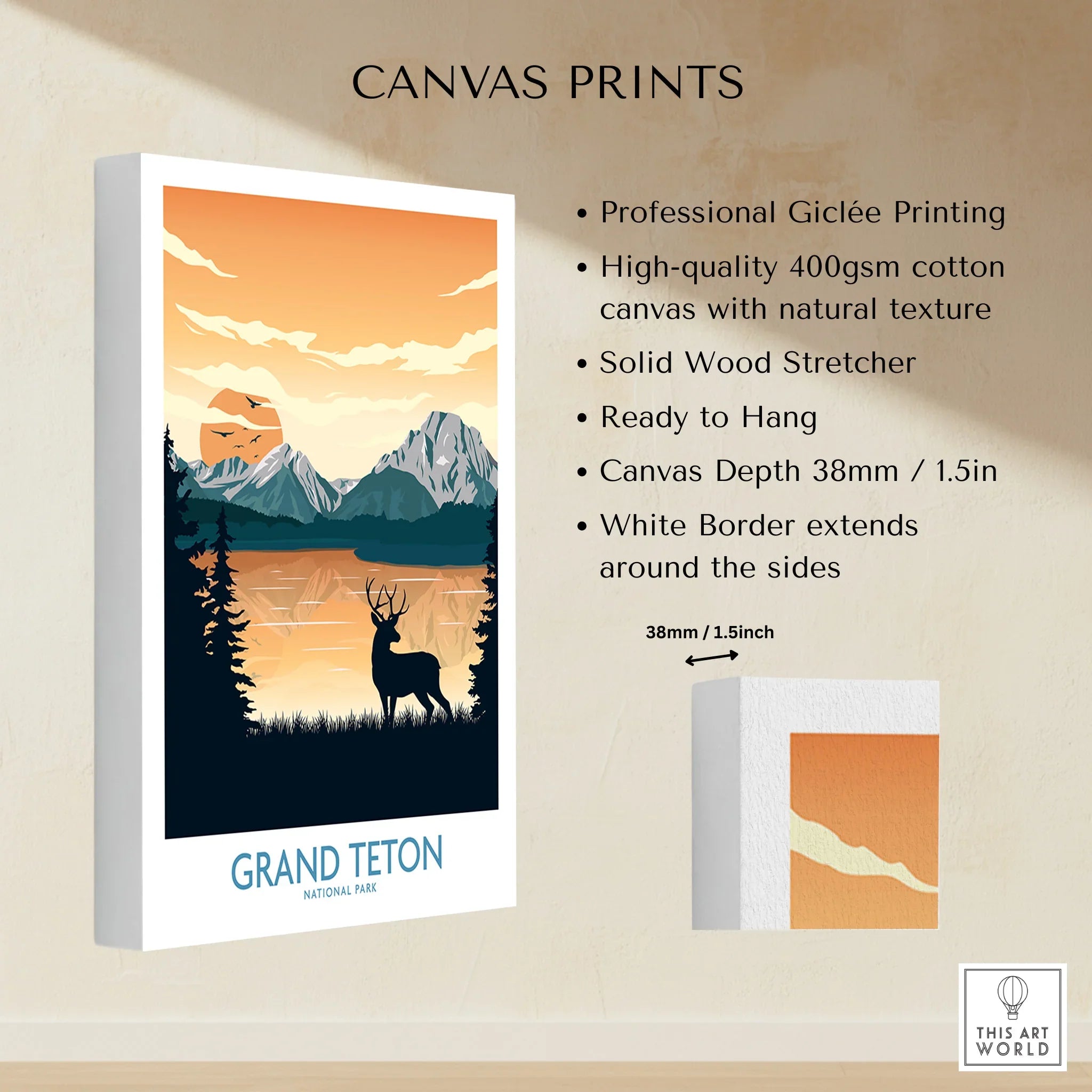 Grand Teton National Park canvas print with sunrise, mountains, and deer silhouette.
