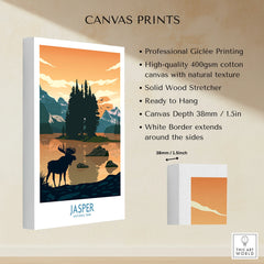 Jasper National Park canvas print with sunset, moose, mountains, and pine trees details.