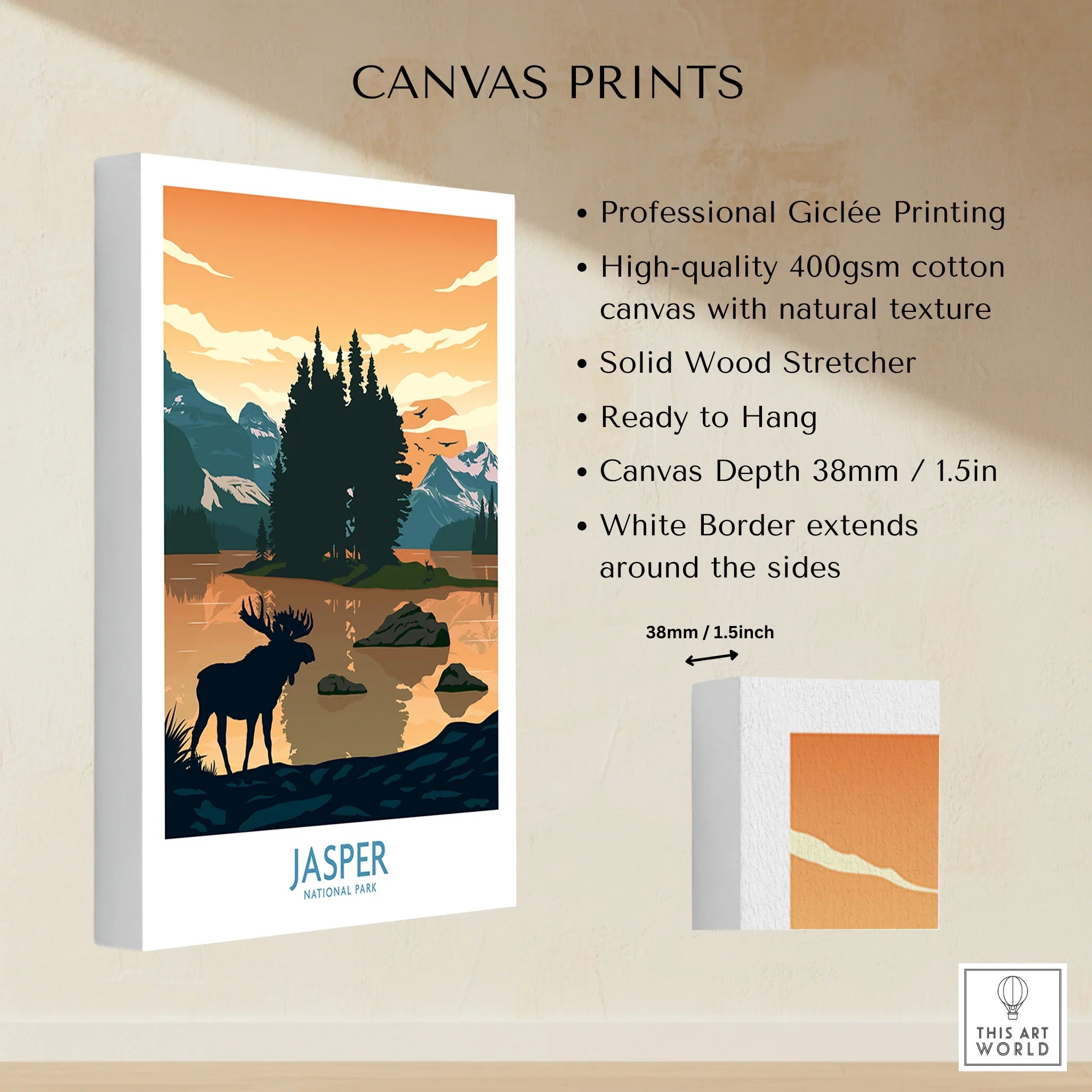 Jasper National Park canvas print with sunset, moose, mountains, and pine trees details.