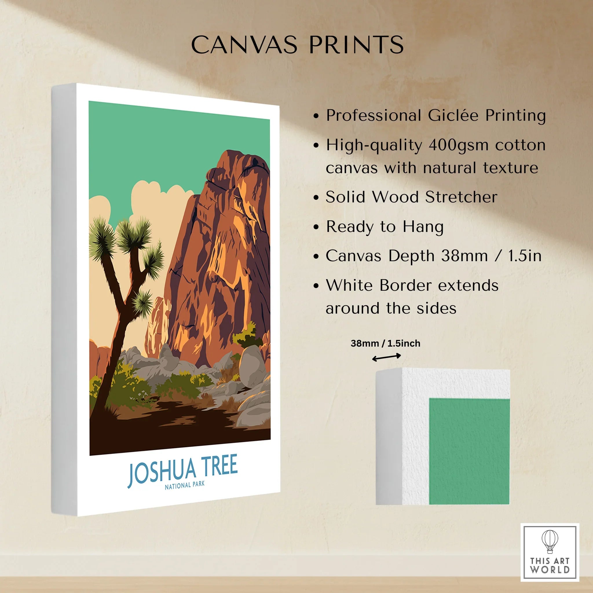Joshua Tree National Park canvas print with desert landscape and rock formations, ready to hang.