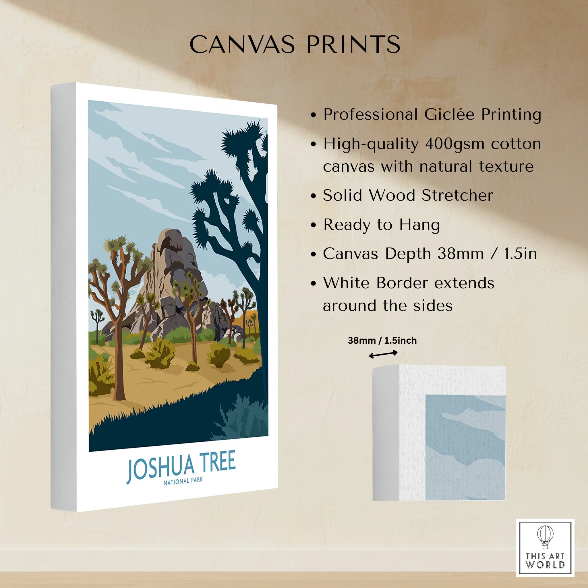 Joshua Tree National Park canvas print with desert landscape and Joshua trees, wall art decor