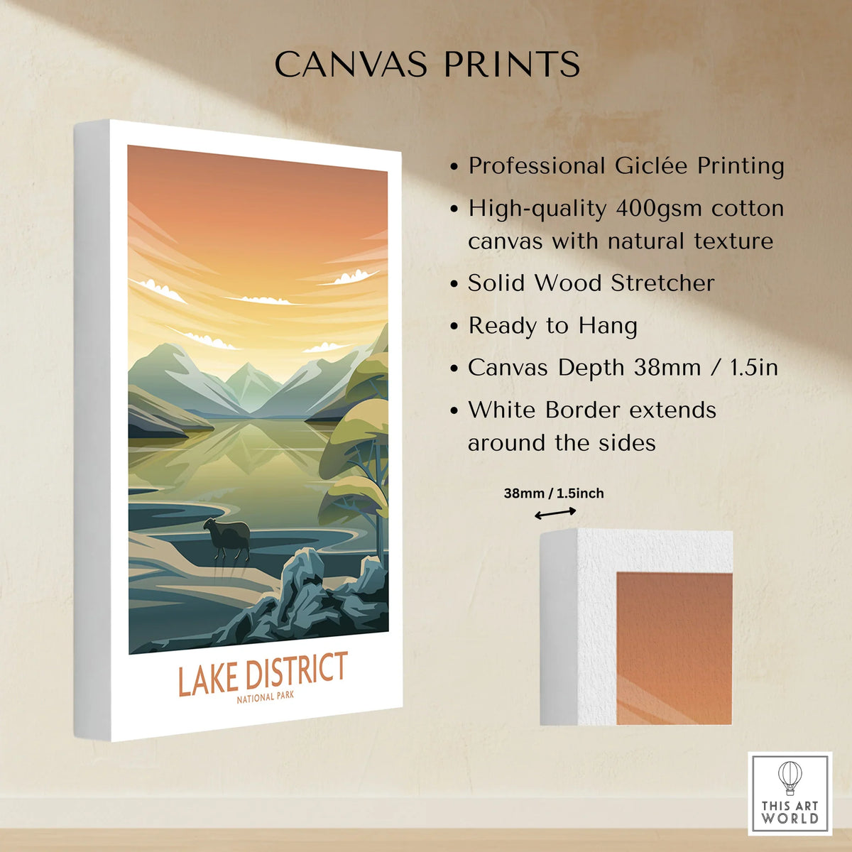 Lake District National Park canvas wall art with mountains, lake, and sheep illustration