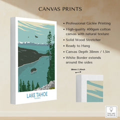 Lake Tahoe California canvas wall art print with forest and lake illustration, cotton canvas, ready to hang