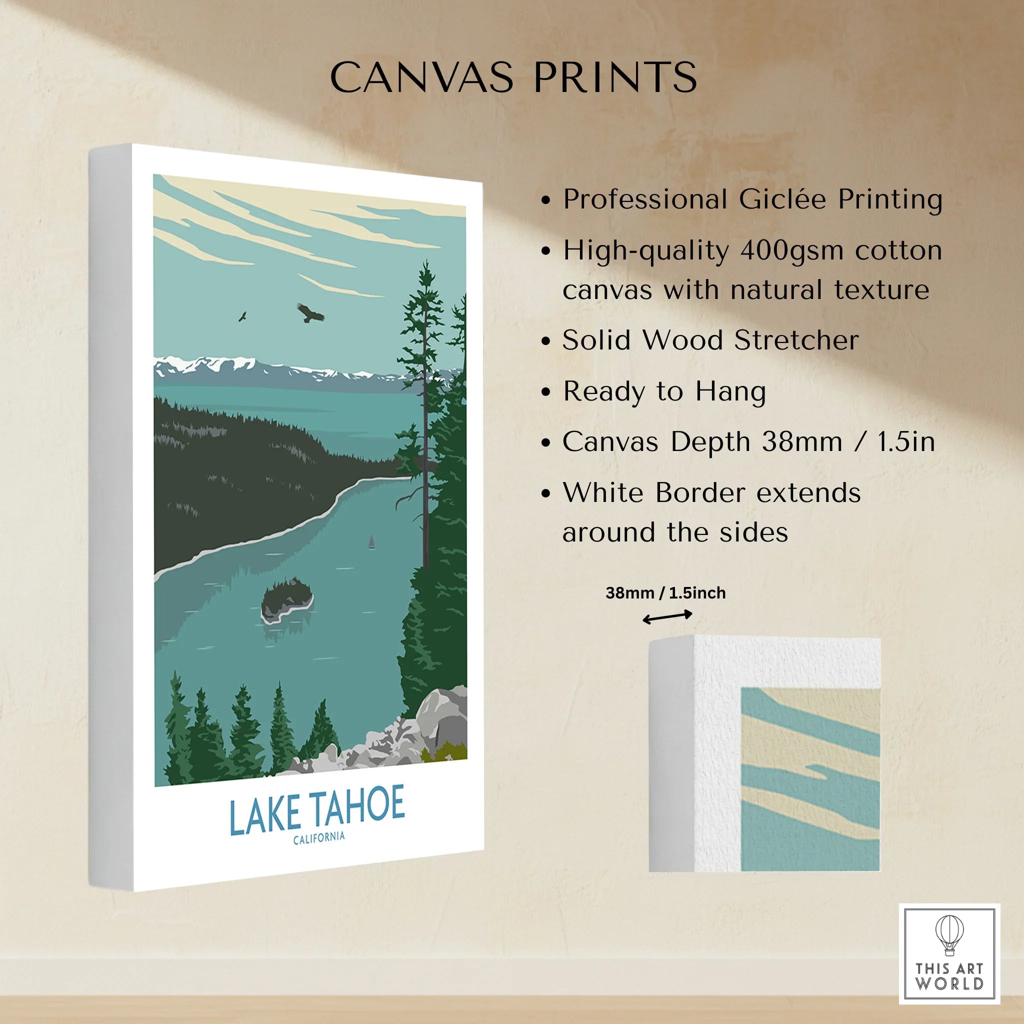 Lake Tahoe California canvas wall art print with forest and lake illustration, cotton canvas, ready to hang