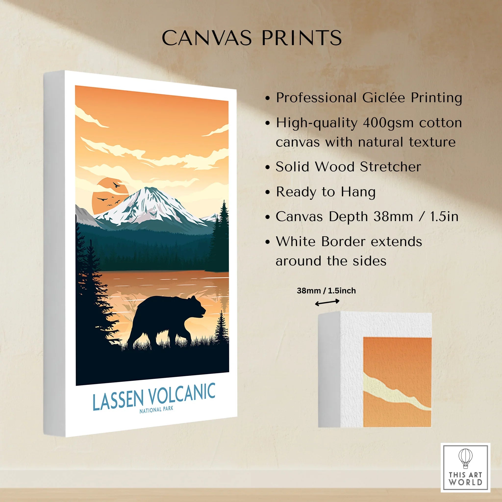 Lassen Volcanic National Park canvas print with bear, mountain, and sunset landscape.