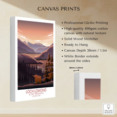 Loch Lomond National Park wall art canvas print with mountains, forest, and highland cow illustration