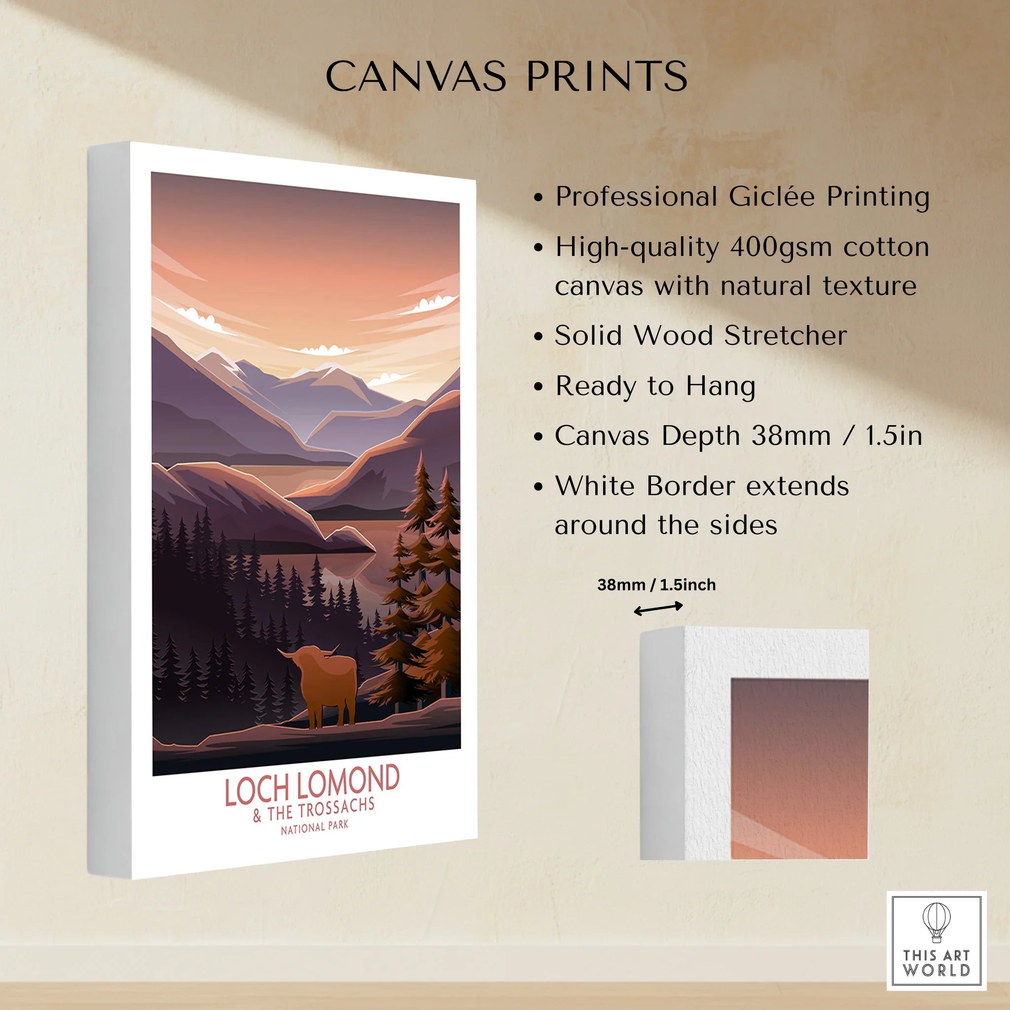 Loch Lomond National Park wall art canvas print with mountains, forest, and highland cow illustration