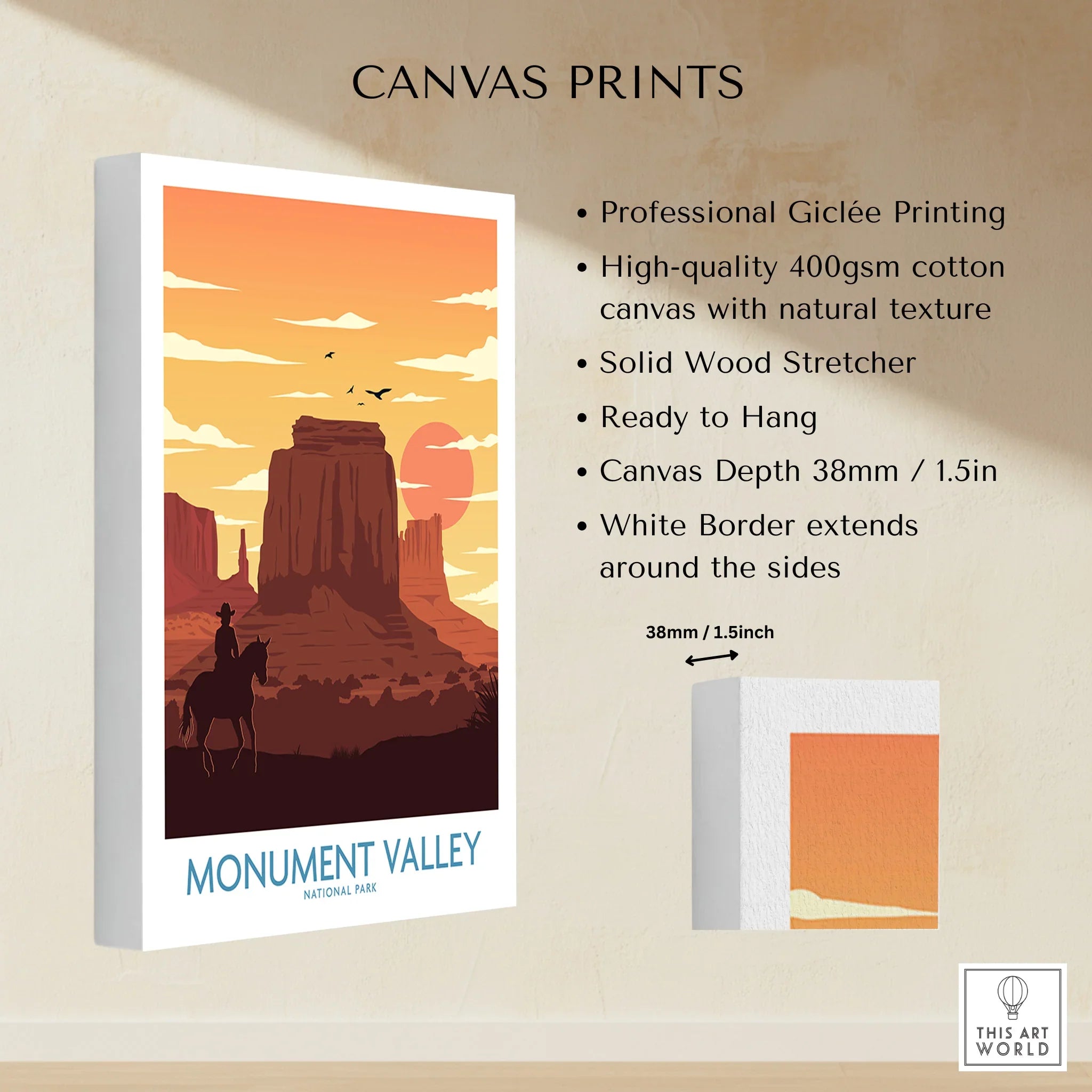 Monument Valley National Park canvas print with sunset, cowboy silhouette, and buttes, wall art