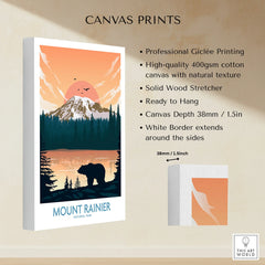 Mount Rainier National Park canvas print with bear silhouette, pine trees, sunset, and orange sky.