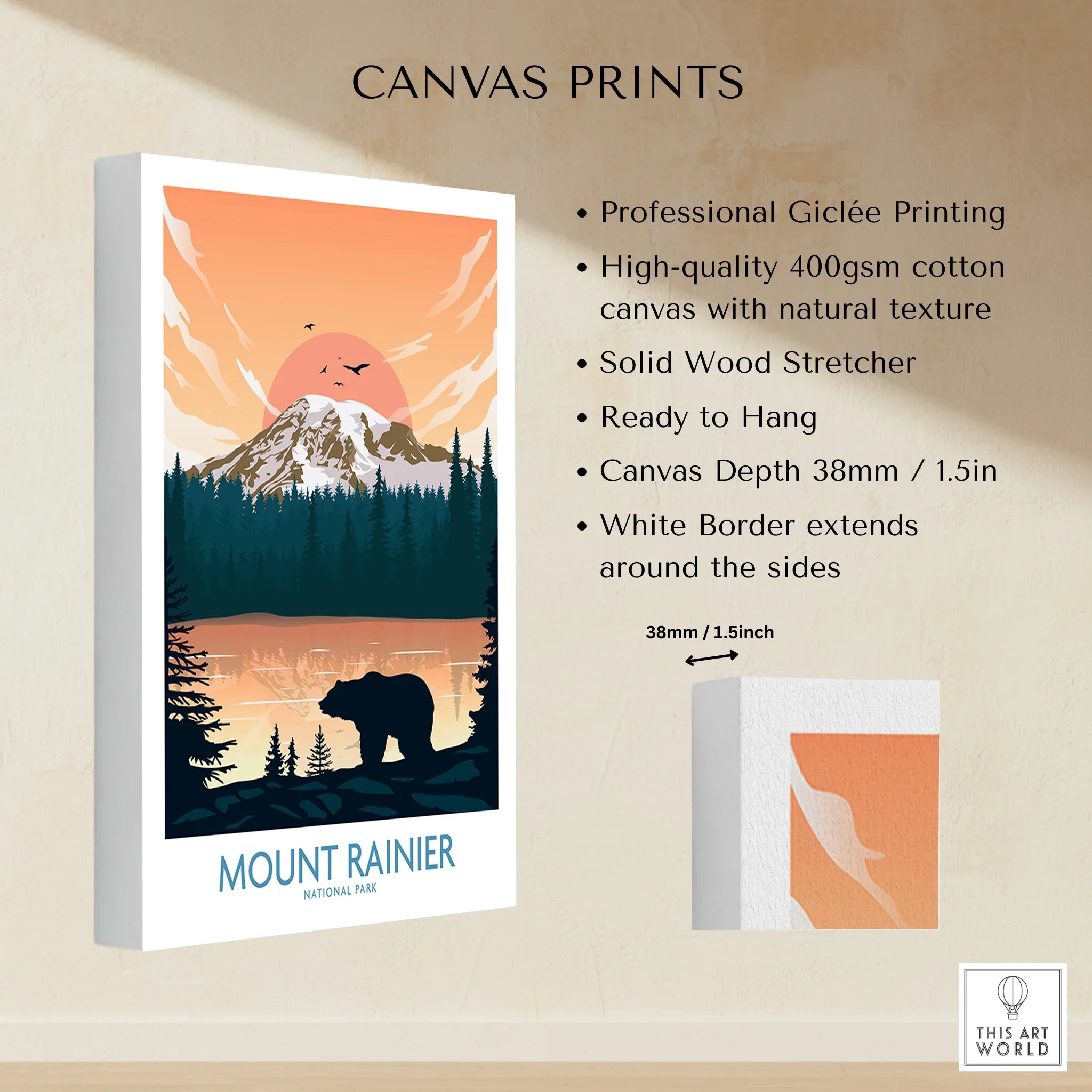 Mount Rainier National Park canvas print with bear silhouette, pine trees, sunset, and orange sky.