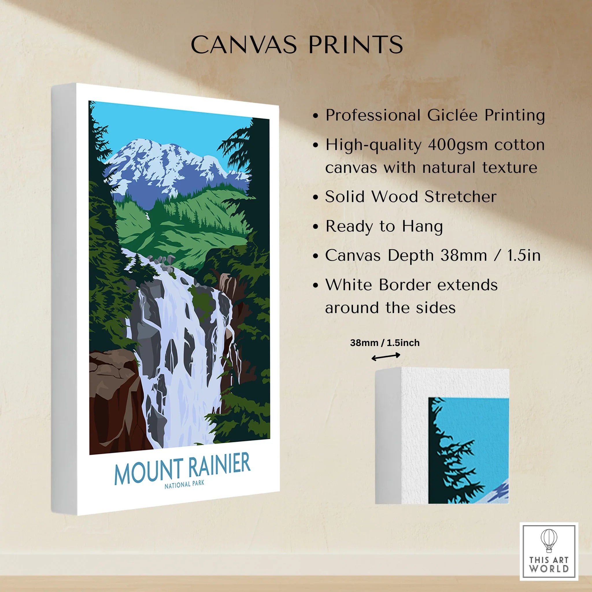 Mount Rainier National Park canvas print featuring mountain, forest, and waterfall art.