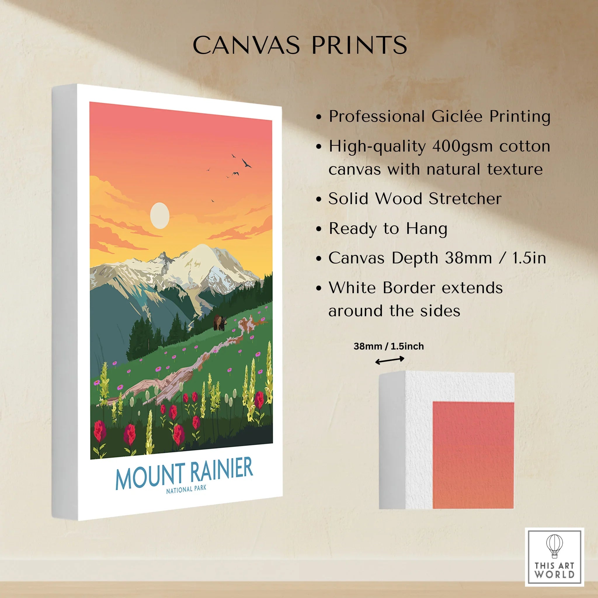 Mount Rainier National Park canvas print with sunset, wildflowers, and snow-capped mountain.