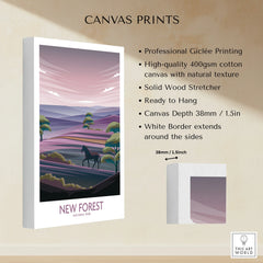 New Forest National Park canvas print with horse silhouette, purple landscape, and white border