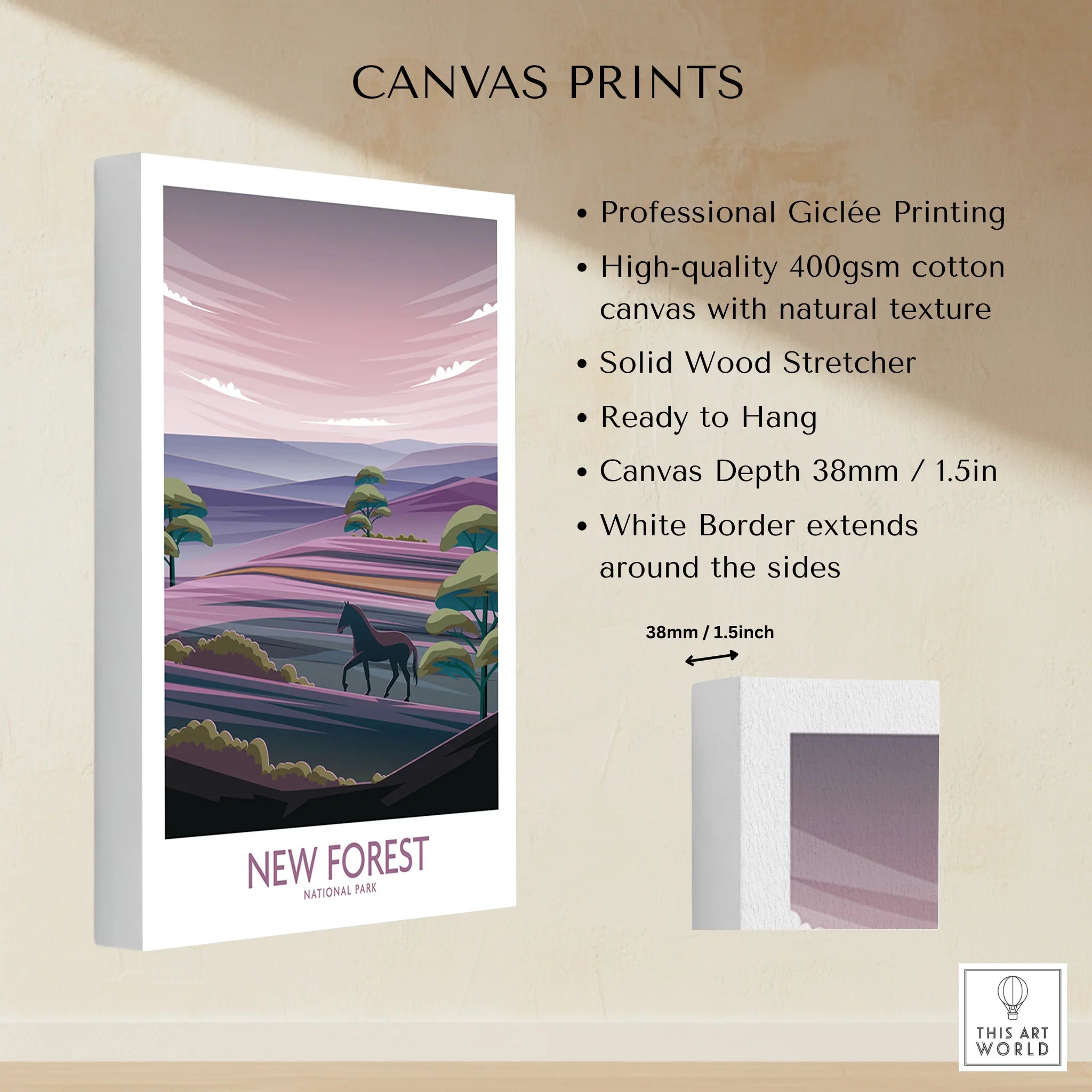 New Forest National Park canvas print with horse silhouette, purple landscape, and white border