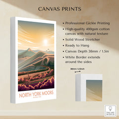 North York Moors National Park canvas print with sunset landscape, cotton canvas, and white border.