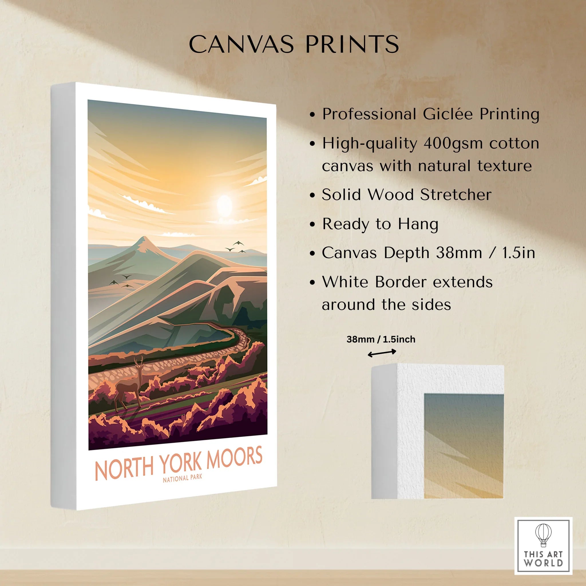 North York Moors National Park canvas print with sunset landscape, cotton canvas, and white border.