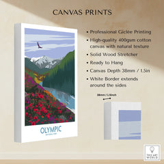 Olympic National Park canvas print with mountain landscape, wildflowers, and detailed cotton texture.